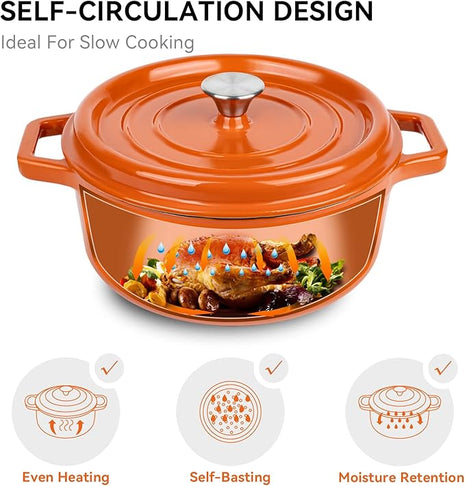 Miereirl 6.5 Quart Enameled Dutch Oven Pot with Lid, Cast Iron Dutch Oven with Dual Handles for Bread Baking, Cooking, Non-stick Enamel Coated Cookware (Orange)
