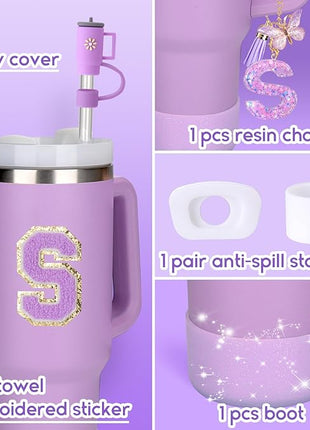 Mity rain 6PCS Cup Accessories Set for Stanley Cup 30oz 40oz tumbler with handle, Including Silicone Straw Topper Cover Cap and Boot, Spill Proof Stopper, Handle Charm, Initials Sticker (Letter S)