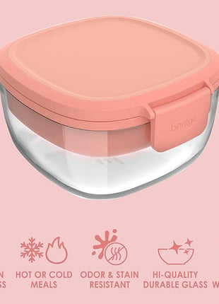 Bentgo Glass All-in-One Salad Container - Large 61-oz Salad Bowl with Lid, 4-Compartment Bento-Style Tray, 3-oz Sauce Container, and Reusable Fork - Dishwasher, Microwave, and Oven Safe (Coral)