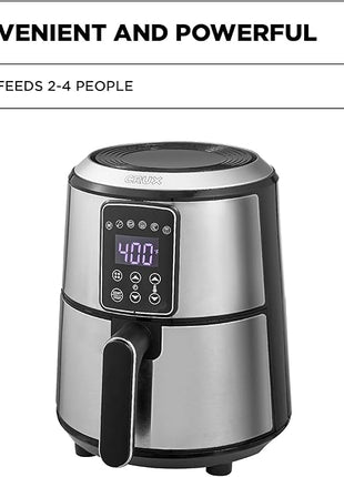 Crux 3QT Digital Air Fryer, Faster Pre-Heat, No-Oil Frying, Fast Healthy Evenly Cooked Meal Every Time, Dishwasher Safe Non Stick Pan and Crisping Tray for Easy Clean Up, Stainless Steel