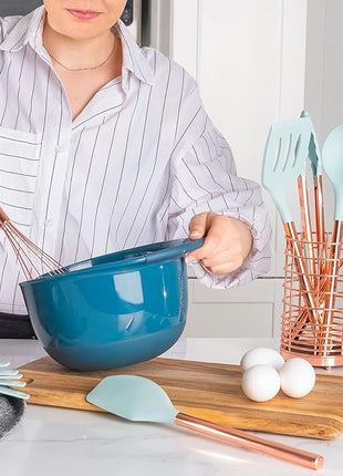 Copper and Teal Blue Kitchen Utensils - 17-Piece Set Includes Copper Utensil Holder, Measuring Cups and Spoons, and Silicone Cooking Tools - Stylish Teal Kitchen Decor and Unique Gifts for Home Cooks