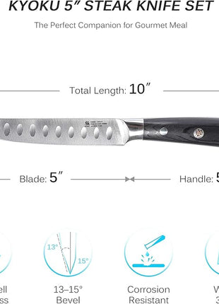 KYOKU Samurai Series - 5" Steak Knives Set of 4 with Sheath & Case - Full Tang - Japanese High Carbon Steel - Pakkawood Handle with Mosaic Pin (Japanese Steak Knife Set)