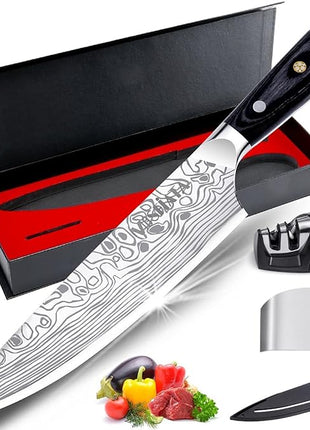 MOSFiATA 8" Super Sharp Professional Chef's Knife with Finger Guard and Knife Sharpener, German High Carbon Stainless Steel EN1.4116 with Micarta Handle and Gift Box