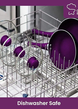 Chef’s Star Aluminum Pots and Pans Set for Kitchen - Nonstick Stackable Induction Cookware, 11 Pcs, Purple