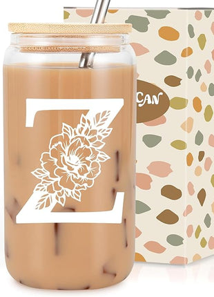 Coolife Initial Glass Cup, Monogrammed Gifts for Women, 16 oz Glass Cups w/Lids Straws, Iced Coffee Smoothie Beer Tumbler w/Straw Lid - Personalized Christmas, Birthday Gifts for Her Mom Friend Woman