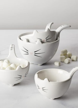White Ceramic Cat Measuring Cups: Set of Cat Shaped Bowls - 1 Cup, 1/2 Cup, 1/3 Cup and 1/4 Cup