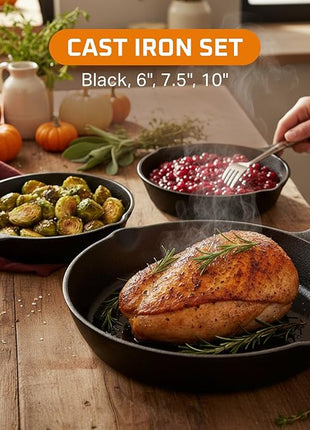 Bruntmor 6, 7.5, 10 Inches Black Pre-Seasoned Cast Iron Frying Pan Set of 3, Oven Safe Cast Iron Skillet, Cast Iron Grill Pan Set, Nonstick Cookware and Bakeware for Casserole Dish