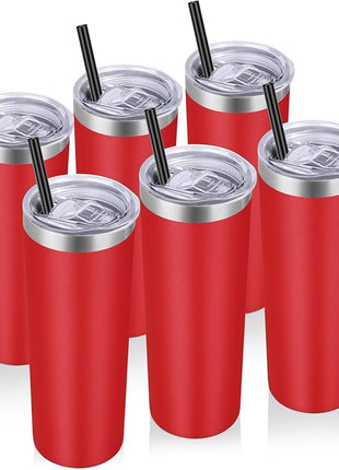 VEGOND 20 oz Stainless Steel Skinny Tumbler with Lids and Straws, 20oz Vacuum Insulated Slim Tumbler Cup, Double Wall Travel Tumblers Bulk for Cold Hot Drinks, Red 6 Pack