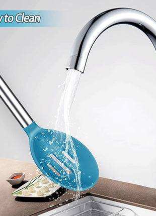 Pack of 2 Large Silicone Cooking Spoons, Non-Stick Stainless Steel Slotted and Solid Spoon Set for Serving, Mixing, Draining, Heat Resistant, Scratch Resistant and BPA Free Kitchen Scoops (Blue)