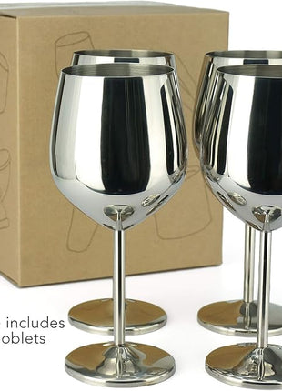 PG Set of 4 Stainless Steel Wine Glass - 18.5oz Silver Mirror Finished Wine Glasses - Unbreakable Wine Glasses - Stem Metal Wine Goblets