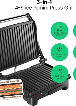 Chefman Panini Press Grill and Gourmet Sandwich Maker Non-Stick Coated Plates, Opens 180 Degrees to Fit Any Type or Size of Food, Stainless Steel Surface and Removable Drip Tray, 4 Slice, Black