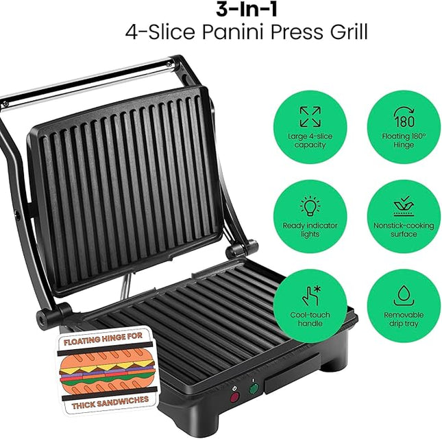 Chefman Panini Press Grill and Gourmet Sandwich Maker Non-Stick Coated Plates, Opens 180 Degrees to Fit Any Type or Size of Food, Stainless Steel Surface and Removable Drip Tray, 4 Slice, Black