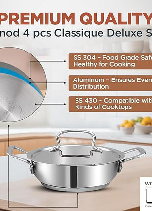 Vinod Classic Deluxe Stainless Steel Cookware Combo Set of 4 Pcs/Saucepan, Saucepot, Kadai and Frypan/Deep Kadhai for Cooking/Heavy Induction Bottom