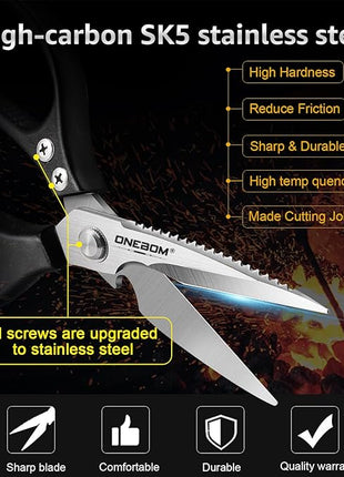 ONEBOM Kitchen Scissors 2 Pack, Heavy Duty All Purpose Shears for Cutting Meat, Fish, Poultry, Dishwasher Safe, Stainless Steel with Blade Kitchen Salad Scissors (Black)