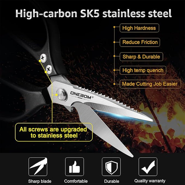 ONEBOM Kitchen Scissors 2 Pack, Heavy Duty All Purpose Shears for Cutting Meat, Fish, Poultry, Dishwasher Safe, Stainless Steel with Blade Kitchen Salad Scissors (Black)