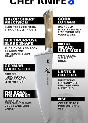 Dalstrong Chef Knife - 8 inch Blade - Gladiator Series - Forged High Carbon German Steel - Razor Sharp Kitchen Knife - Professional Full Tang Knives - Olive Wood Handle - Sheath - NSF Certified