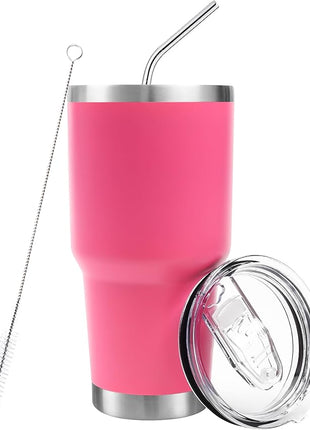 Toopify 30 oz Stainless Steel Insulated Tumbler Travel Mug with Straw Slider Lid, Cleaning Brush, Double Wall Vacuum (Hot Pink)