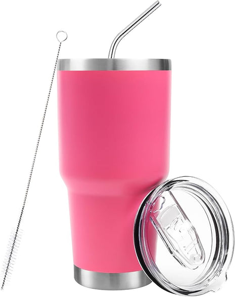 Toopify 30 oz Stainless Steel Insulated Tumbler Travel Mug with Straw Slider Lid, Cleaning Brush, Double Wall Vacuum (Hot Pink)