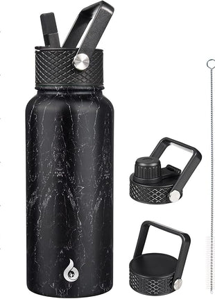 BJPKPK Insulated Water Bottles with Straw Lid, 32oz Metal Large Water Bottle with 3 Lids, Reusable Leak Proof BPA Free Thermo, Stainless Steel Tumblers for Sports, Gym, Travel-Midnight