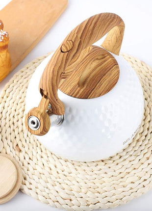 BELANKO 2.7 Quart Tea Kettle for Stovetop - Food Grade Stainless Steel with Diamond Texture, Designer Teapot Look, Cool-Touch Wood Pattern Handle, Whistling Spout - Gloss White