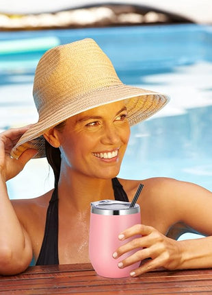 VEGOND Wine Tumblers Bulk 12 Pack, 12oz Stainless Steel Stemless Wine Glass with Lids and Straws, Double Wall Vacuum Insulated Tumbler Cup, Coffee Mug for Cold Hot Drinks