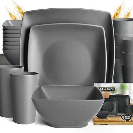 Teivio 24-piece Plastic Wheat Straw Square Dinnerware Sets,Service for 6, Unbreakable Dinner Plates, Salad Plates, Snack Bowls, Tumblers 20 oz, Dishwasher Safe, Outdoor Kitchen Dish Set, Grey