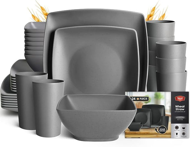 Teivio 24-piece Plastic Wheat Straw Square Dinnerware Sets,Service for 6, Unbreakable Dinner Plates, Salad Plates, Snack Bowls, Tumblers 20 oz, Dishwasher Safe, Outdoor Kitchen Dish Set, Grey