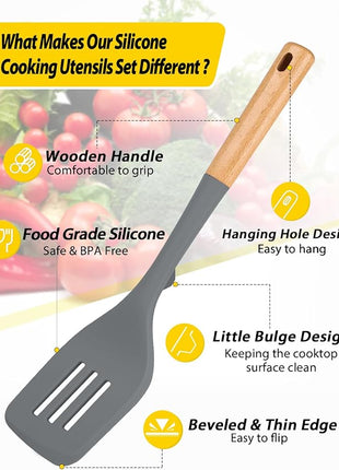 Pack of 4 Silicone Kitchen Utensils Set, Non Stick Solid Spatulas and Heat Resistant Slotted Spoons with Wooden Handle, Ideal BPA Free Cooking Utensils for Mixing,Serving,Turning,Stirring(GRAY)