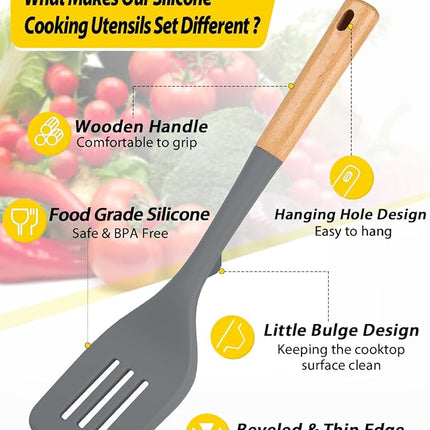 Pack of 4 Silicone Kitchen Utensils Set, Non Stick Solid Spatulas and Heat Resistant Slotted Spoons with Wooden Handle, Ideal BPA Free Cooking Utensils for Mixing,Serving,Turning,Stirring(GRAY)