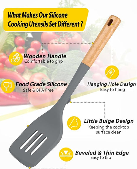 Pack of 4 Silicone Kitchen Utensils Set, Non Stick Solid Spatulas and Heat Resistant Slotted Spoons with Wooden Handle, Ideal BPA Free Cooking Utensils for Mixing,Serving,Turning,Stirring(GRAY)