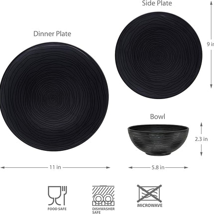 Bzyoo 12 Piece Melamine Dinnerware Set - Durable, Dishwasher Safe Organica Black Plates and Bowls Sets Casual Dish Set for Dining, Outdoor and Kitchen
