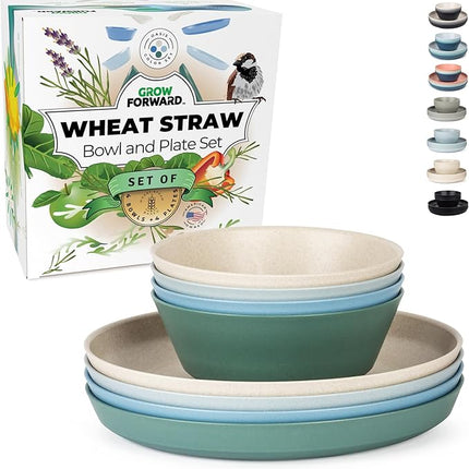 Grow Forward Premium Wheat Straw Plates and Bowls Sets - 8-Piece Wheat Straw Dinnerware Sets - Unbreakable & Reusable Microwave Safe Plastic Dinner Plates for Outdoors, RV, Camping Dishes - Oasis