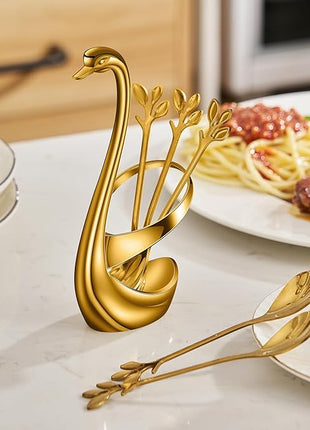 AnSaw Gold Small Coffee Spoon Holder Set,Swan Base With 10 Pcs Demitasse Espresso Spoons Set,4.7" Mini Leaf Dessert Spoon,Stainless Steel Tea Spoons