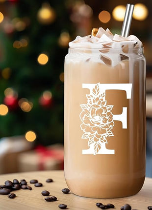 Coolife Initial Glass Cup, Monogrammed Gifts for Women, 16 oz Glass Cups w/Lids Straws, Iced Coffee Smoothie Beer Tumbler w/Straw Lid - Personalized Christmas, Birthday Gifts for Her Mom Friend Woman