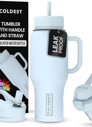 Coldest Tumbler with Handle and Straw - 100% Leak Proof Insulated Tumbler with Lid and Straw (3 Lids) - Stainless Steel Tumblers for Women & Men - Cup Holder Friendly Base, 36 oz (Morning Mist)