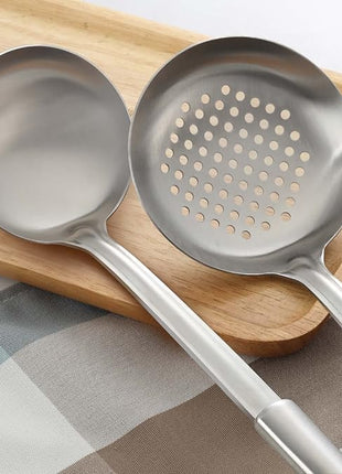 Pleafind 2-Pcs Ladle and Slotted Spoon, Soup Ladle and Strainer Spoons, Stainless Steel Cooking Spoon and Skimmer Spoons, Kitchen Utensils, Wok Utensils for Home and Restaurant, Dishwasher Safe