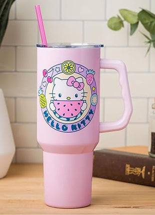 Silver Buffalo Sanrio Hello Kitty Summer Kawaii Fruits Stainless Steel Tumbler with Handle, Fits in Standard Cup Holder, 40 Ounces