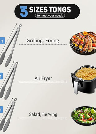 Kitchen Tongs, Set of 3 Stainless Steel Tongs with Silicone Tips Locking Cooking Tongs 600ºF Heat Resistant Tong for Cooking BBQ Grilling Air Fryer Serving Food Salads, 7"+9"+12" Light Grey