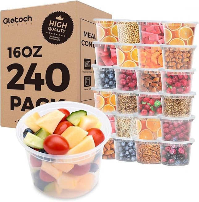 Glotoch Express 16oz Plastic Food Containers with Lids, Airtight and Leakproof Deli Cups, BPA-Free, Microwave/Freezer/Dishwasher Safe, 240 Pack