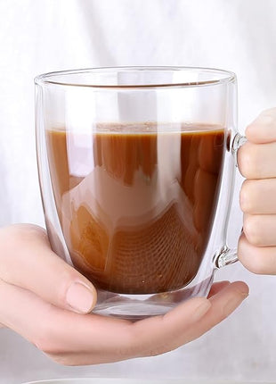 CNGLASS Large Glass Coffee Mugs 17oz,Double Walled Insulated Clear Coffee Cups with Handle,Clear Espresso Mugs for Cappuccino,Latte,Tea Bags,Hot and Cold Beverages,Set of 4