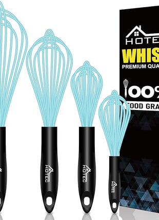 HOTEC 4 Pieces Silicone Whisks Set, Wire Balloon Whisks Egg Beater, Non-slip Handle Whisk for Non-stick Cookware Perfect for Cooking, Stirring, Beating and Blending (Blue)