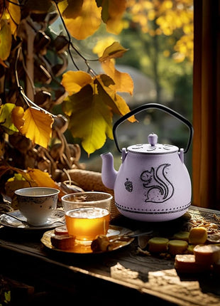 Toptier Teapot with Removable Infuser, Cast Iron Tea Kettle Stovetop Safe, Squirrel Design Tea Pot Coated with Enameled Interior for 32 Ounce (950 ml), Purple