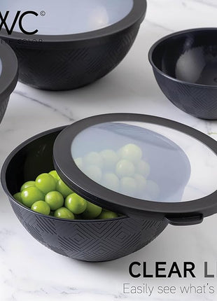 COOK WITH COLOR Mixing Bowls with Lids - 12 Piece Plastic Nesting Bowls Set includes 6 Prep Bowls and 6 Lids, Rhombus Design - Microwave Safe (Black)