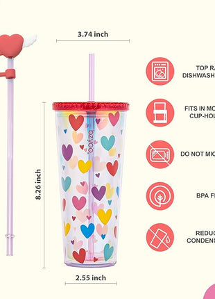 bzyoo 24 oz SIP Tumbler with Heart-Shaped w/Wing Straw Cap Cover – Cute Heart Design Iridescent Tumbler, BPA-Free Cup with Lid and Straw, Perfect for Iced Coffee, Tea, Party and Gift