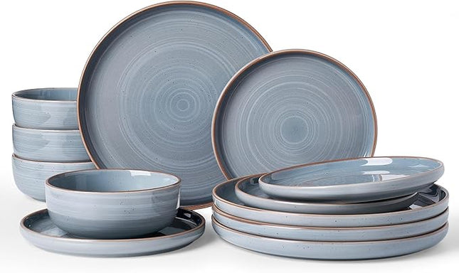 Famiware Meteor Plates and Bowls Sets for 4, 12 Pieces Dinnerware Sets, Microwave and Dishwasher Safe Dishes Set, Blue Gray