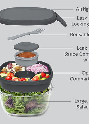 Bentgo Glass All-in-One Salad Container - Large 61-oz Salad Bowl with Lid, 4-Compartment Bento-Style Tray, 3-oz Sauce Container, and Reusable Fork - Dishwasher, Microwave, and Oven Safe (Dark Gray)