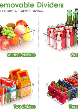 6 Pack Food Storage Organizer Bins Clear Plastic Removable Snack Organizer Pantry Organization Storage Racks with 3 Dividers, Kitchen, Cabinets Snacks, Packets, Spices, Pouches Stackable Bins