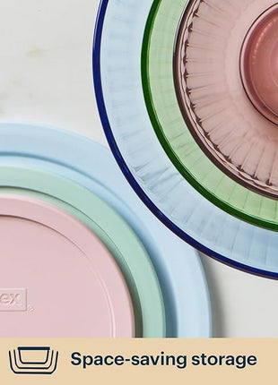 Pyrex Colors Tinted (3-Pack, Full Set) Sculpted Tinted Glass Mixing Bowls With Lids, Nesting Space Saving Set of Bowls For Prepping and Baking, 1.3QT, 2.3QT & 4.5Q, Blue