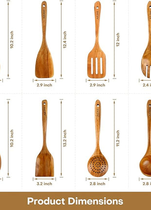 AIUHI Wood Spoons for Cooking, Nonstick Kitchen Utensil Set, Wooden Spoons Cooking Utensil Set Non Scratch Natural Teak Wooden Utensils for Cooking (Teak 8 Pack)