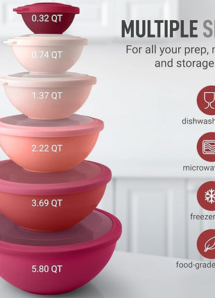 Zulay Kitchen 12 Piece Plastic Mixing Bowls with Leak-Proof Lids Set - Microwave and Freezer Safe Kitchen Mixing Bowls for Preparing, Serving and Storing - Large Nesting Bowls (Red Ombre)